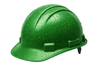 Fototapeta premium Green hard hat showing water drops for safety, construction, and protection on a transparent background