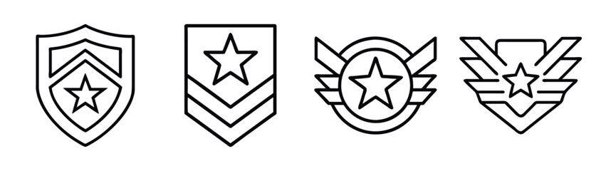 Military rank and achievement badges line art icons set with shield, star, and wing elements Vector