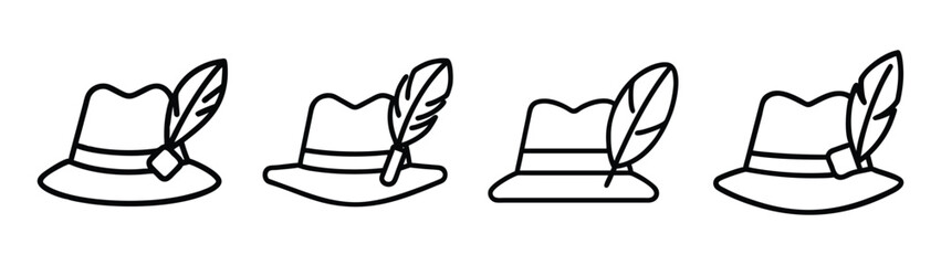 A line art illustration of four traditional alpine hats with feathers, representing german culture Vector