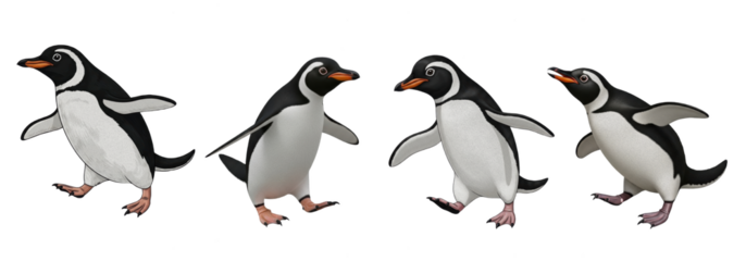 Set Of Magellanic Penguins in different Position isolated on white background, (Spheniscus magellanicus) , South American penguin PNG