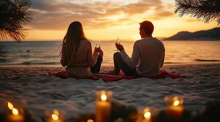 Romantic couple toasts champagne on beach during stunning golden sunset evening