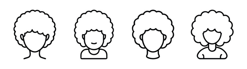A set of four simple line art icons showcasing individuals with voluminous afro hairstyles. Vector