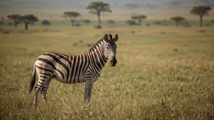 Obraz premium A zebra standing in the grassland with trees in the background.