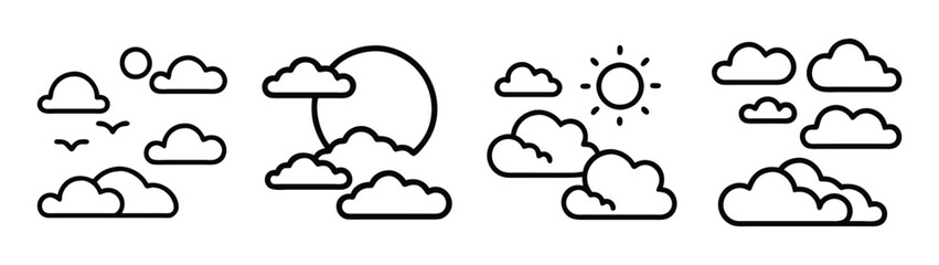 Set of minimalist line icons depicting various weather conditions and cloudy skies Vector
