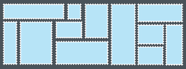 Blue postage stamps set. Post stamp frames and borders. Rectangle, square template for mail, postcard, letter, note. Vector postage set. Vector illustration set