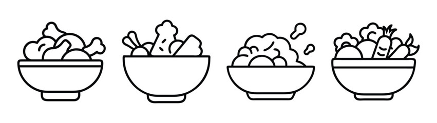 A set of four linear icons representing different food bowls including chicken, vegetables, popcorn, and salad Vector
