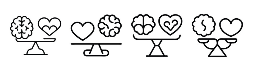 The concept of balancing brain and heart: four line icons illustrating emotional and logical equilibrium Vector