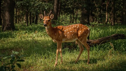Young deer in a forest clearing with sunlight filtering through the trees. Wildlife and nature scene. Forest habitat and animal conservation.