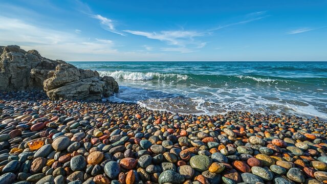 A rocky beach with colorful stones, waves crashing, and a clear blue sky over the ocean. - Powered by Adobe