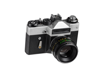 Old film photo camera isolated for design, advertising or educational materials about photography history.