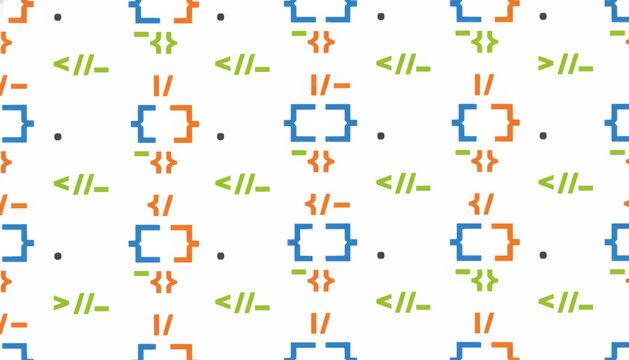 Seamless pattern of programming and coding symbols. Flat design vector background for web development. Abstract technology and computer science illustration