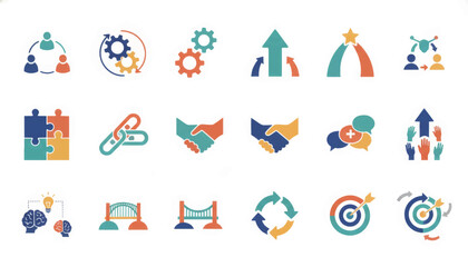 Fototapeta premium Teamwork and collaboration icon set. Flat design vector symbols for business partnership and strategy. Collection of handshakes, puzzles, and gears
