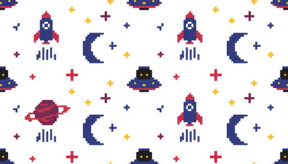 Space exploration pixel art seamless pattern. Retro 8-bit background with rockets, UFOs, and planets. Vector illustration