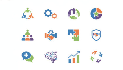 Teamwork and business collaboration icon set. Colorful flat design symbols for management and strategy. Vector illustration isolated on white background