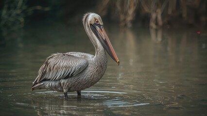 A pelican standing in water with a natural background.