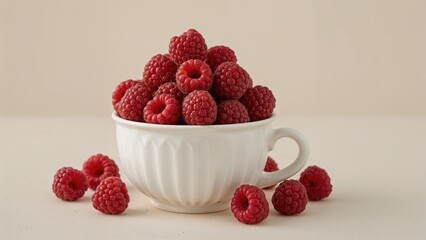 Fresh raspberries in a white cup with some scattered around, on a neutral background.