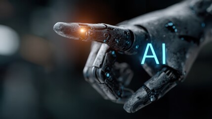 Concept of AI agent showing robotic hand with glowing letters, representing automation and innovation in technology and business operations