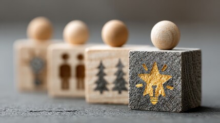 Creative thinking and idea generation at workplace using wooden blocks with light bulb and team icons