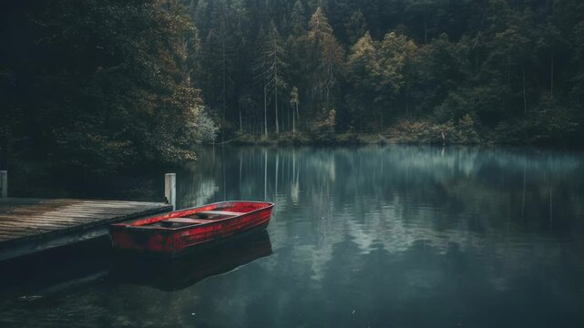 Video A small red boat sits peacefully on the calm surface of a lake, adjacent to a wooden dock