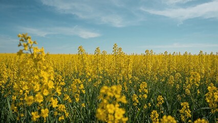 Obraz premium Bright yellow flowers in a vast field under a partly cloudy sky.