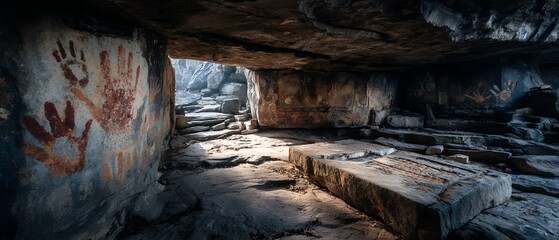 rock shelter with ancient handprints at dawn