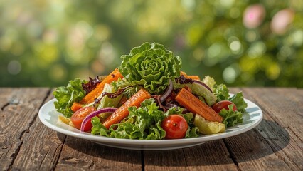 Fresh vegetable salad with carrots, cherry tomatoes, lettuce, and greens served on a white plate, outdoors on a rustic wooden table.