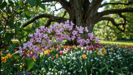 Purple flower cluster in a garden with colorful tulips and trees, vibrant and lush, during daytime.