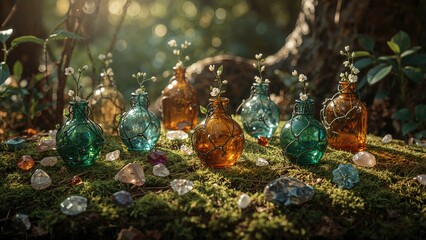 Vases with flowers placed on mossy ground in a forest, with sunlight filtering through the trees. Nature and botanical scene. Decor and floral arrangement. The image of glass vases and natural elem...