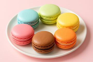 Colorful macaroons arranged on a white plate against a pink background