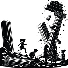 Children Exploring Ancient Ruins Illustration