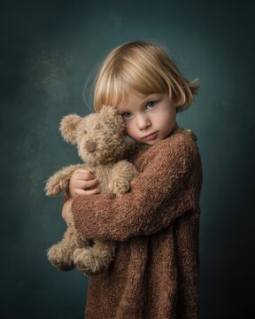 toddler with teddy bear, sweet emotional portrait