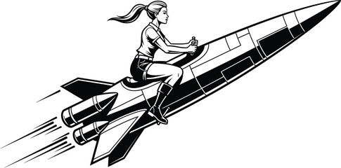 Woman Riding Rocket Futuristic Vector Art
