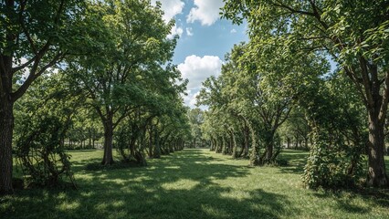 Obraz premium A lush green park with numerous trees and a clear blue sky, creating a peaceful outdoor landscape.