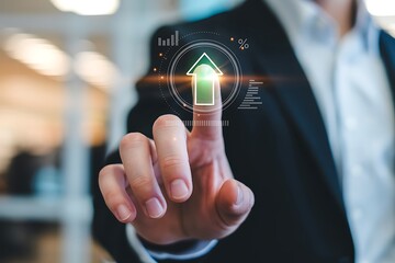 Businessman touches futuristic fingerprint scanner for digital security and growth