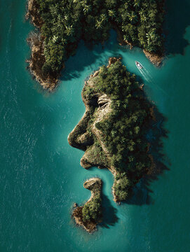 Aerial view of tropical island shaped like a human face, generative ai