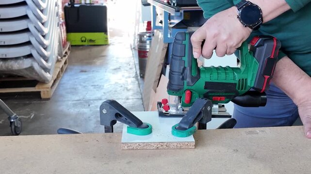 Carpenter using cordless jigsaw to drill holes