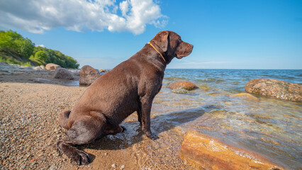 a chocolate Labrador by the sea