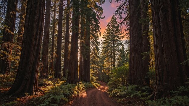 A forest scene with tall trees, a dirt path, and a colorful sunset sky. - Powered by Adobe