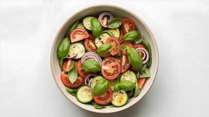 Fresh tomato and cucumber salad with basil leaves in a bowl