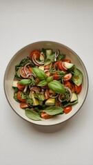 Fresh tomato and cucumber salad with basil leaves in a bowl