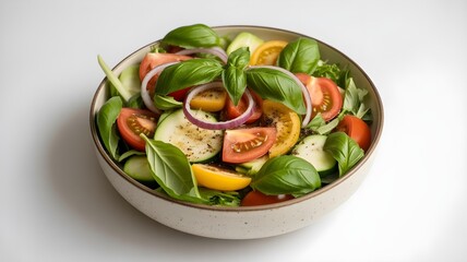 Fresh tomato and cucumber salad with basil leaves in a bowl