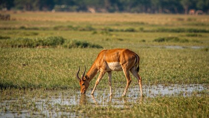 Fototapeta premium A gazelle drinking water in a grassy wetland area.