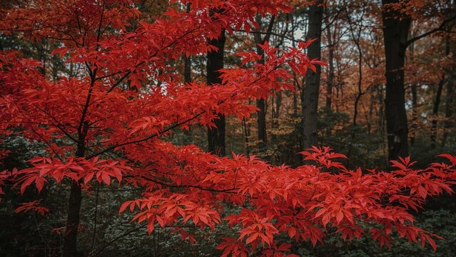 Autumn forest with vibrant red leaves and tall trees during fall season. Nature and foliage, seasonal landscape. Fall colors and woodland scene. - Powered by Adobe