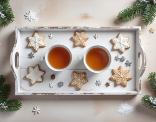 Plateau avec tasses de th&eacute; et biscuits traditionnels de No&euml;l. Generated Image. 
