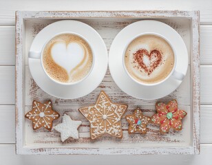 Plateau avec deux tasses de caf&eacute; cr&egrave;me avec des coeurs ou dessin floral dans la mousse, et biscuits traditionnels de No&euml;l. Generated image. 