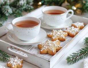 Plateau avec tasses de th&eacute; et biscuits traditionnels de No&euml;l. Generated Image. 