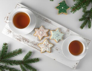 Plateau avec tasses de th&eacute; et biscuits traditionnels de No&euml;l. Generated Image. 