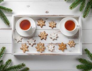 Tasses de th&eacute; avec biscuits traditionnels de No&euml;l. Generated Image. 
