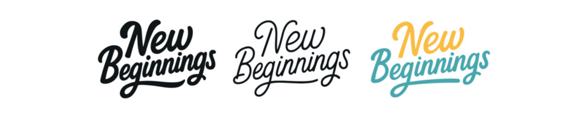 lettering icons three typography designs with phrase new beginnings one flat solid monochrome one thin black outline black and white one full color flat icon