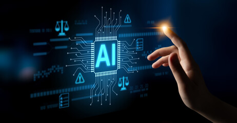 AI circuit microchip with glowing blue lines, surrounded by legal scales, warning symbols, data sheets, and binary codes, representing ethical AI, AI governance, and data integrity Latch